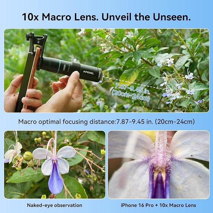 APEXEL 10X Tele-Macro Pro Dual Lens 2-in-1, Portable Clip-On Telephoto Macro Lens for 15 Pro Max, Pro Photography for Travel, Concert, Exploration