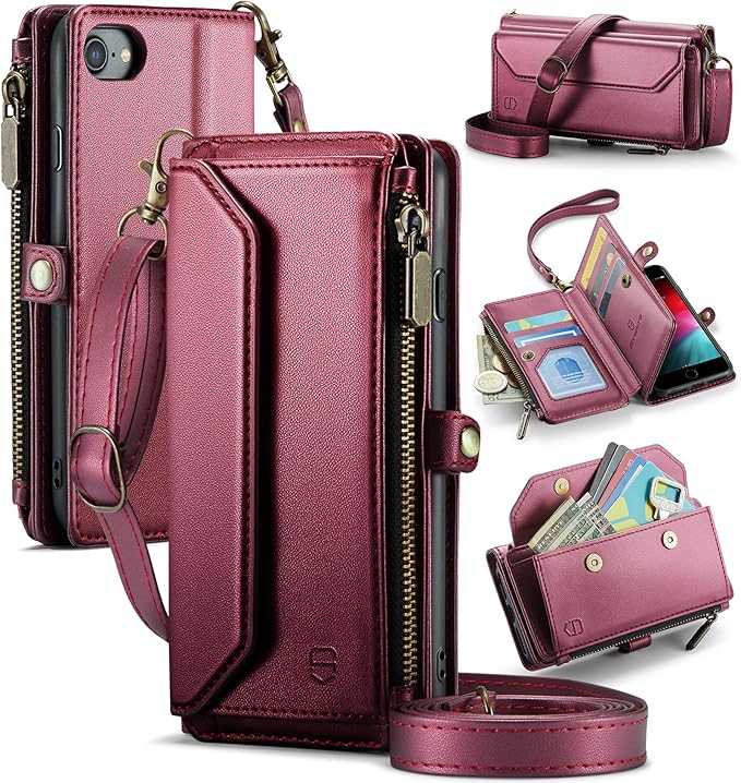 Strapurs Crossbody Wallet Case Compatible with iPhone SE/7/8 RFID Blocking 7-Card Holder Soft PU Leather Magnetic Snap Shoulder Strap Zipper Pocket Phone Cases Fit for iPhone SE 2020 2022 - Wine Red