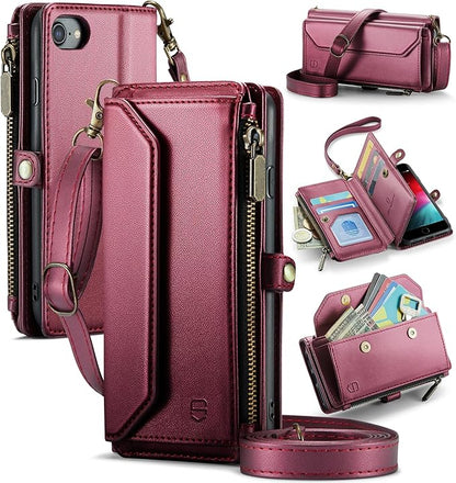 Strapurs Crossbody Wallet Case Compatible with iPhone SE/7/8 RFID Blocking 7-Card Holder Soft PU Leather Magnetic Snap Shoulder Strap Zipper Pocket Phone Cases Fit for iPhone SE 2020 2022 - Wine Red