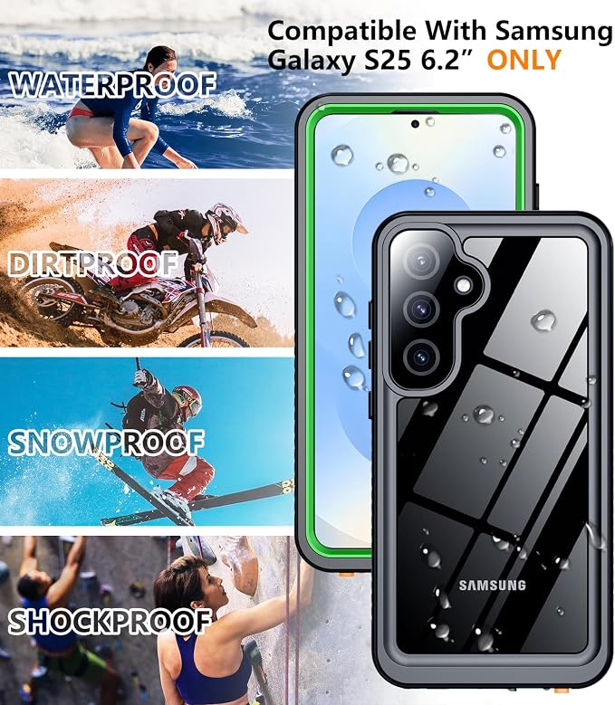 Temdan Designed for Samsung Galaxy S25 Case Waterproof, Built-in Lens & Screen Protector Military Shockproof Dropproof IP68 Underwater Full Body Phone Case for Galaxy S25 5G 6.2"-Green/Clear (2025)