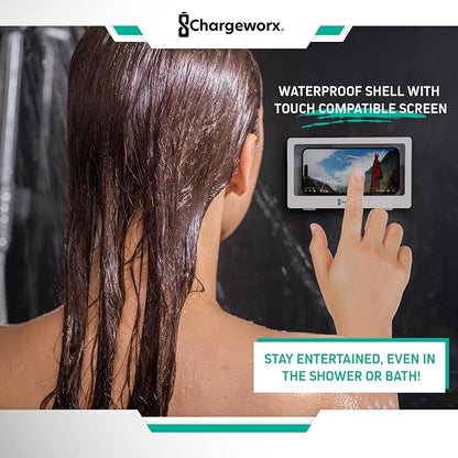CHARGEWORX Waterproof Shower Phone Holder Wall Mount, Anti-Fog Touchscreen Phone Case for Bathroom, Universal Smartphone Holder up to 7”, Hands-Free Cell Phone Stand, White