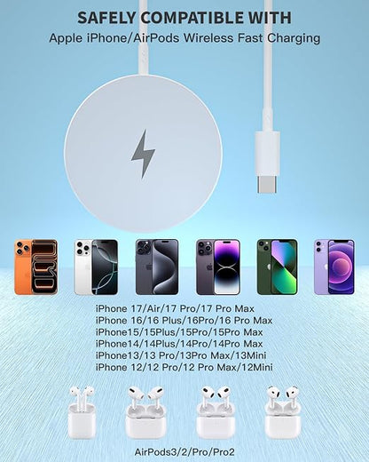 Wireless Magnetic Charger,2Pack Fast Apple Mag-Safe Charger iPhone Magnet Charging Pad Flat Mag Safe Charging for iPhone 17Pro Max/16 Pro Max/16Pro/16/15Pro Max/15 Plus/14/13/12/AirPods 3/2/Pro/Pro 2