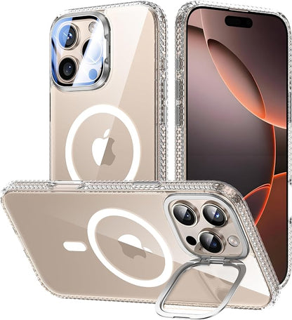 [Upgraded] for iPhone 16 Pro Max Case with Camera Cover Stand [Fit for MagSafe][9H Camera Lens Protector] Mil-Grade Protection Transparent Magnetic iPhone 16 Pro Max Phone Case, Clear