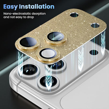 Uyiton for iPhone 17-Pro-Max Camera-Lens Protector: Bling [Not Easy to Break][Strong Adsorption][Case-Friendly] Metal Tempered Glass Rear Camera Screen Cover - Glitter Gold