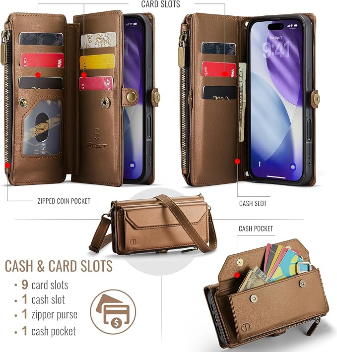 Strapurs Wallet Case Compatible with iPhone 17 Pro 6.3" RFID Blocking 9-Card Holder Soft PU Leather Magnetic Snap Shoulder Strap Zipper Pocket Phone Case Fit for iPhone 17 Pro for Women - Brown