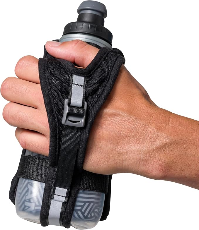 Nathan SpeedDraw 2 Insulated Handheld Running Water Bottle Flask – Double-Wall Insulation, Ergonomic Grip, Blast Valve Cap, Phone & Key Storage Pockets, Reflective Design - 12oz Insulated - Black