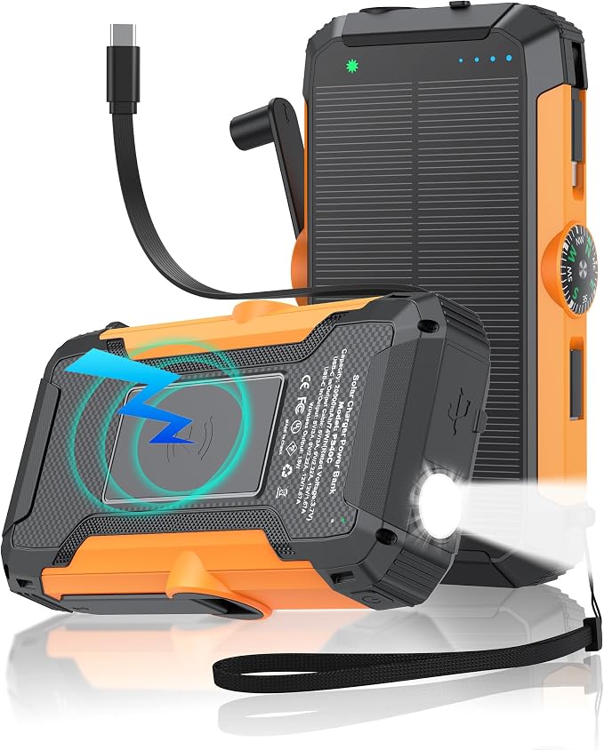 Solar Power Bank with Hand Crank and Retractable Cables, 20000mAh Wireless Portable Charger with USB-C & Camping Light, 25W Fast Charging Battery Pack for iPhone, iPad, Samsung, All Mobile Phones