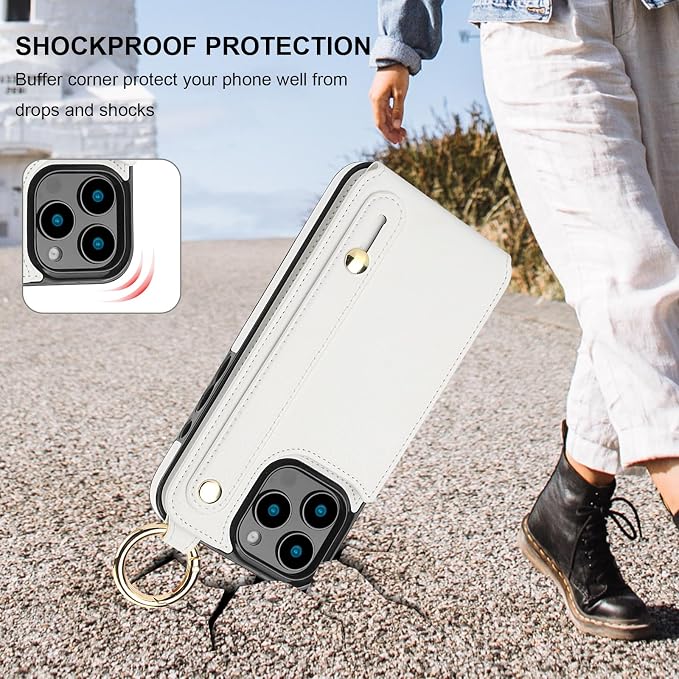 Folosu for iPhone 16 Pro Max Wallet Case with Card Holder, Hand Wrist Strap Loop Holder Kickstand, RFID Blocking Finger Grip Ring PU Leather Double Buttons Shockproof Cover 6.9" White