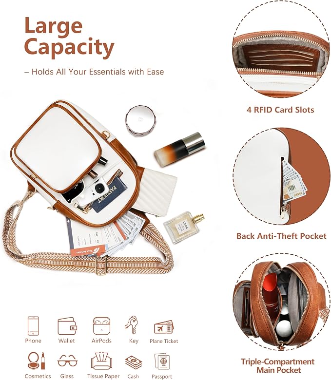 Anti Theft Crossbody Bags for Women,RFID Sling Bag Travel Purse,Vegan Leather Cross Body Purses Chest Bag for Travel(white＆Brown) | Multi-Pocket, Structured bag, Any Occasion