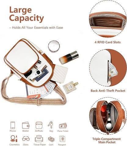 Anti Theft Crossbody Bags for Women,RFID Sling Bag Travel Purse,Vegan Leather Cross Body Purses Chest Bag for Travel(white＆Brown) | Multi-Pocket, Structured bag, Any Occasion