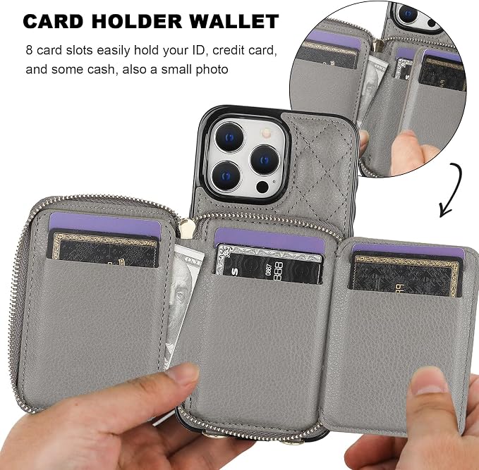 Bocasal Crossbody Wallet Case for iPhone 15 Pro Max, RFID Blocking PU Leather Zipper Handbag Purse Flip Cover, Kickstand Folio Case with Card Slots Holder Wrist Strap Lanyard 5G 6.7 Inch (Grey)
