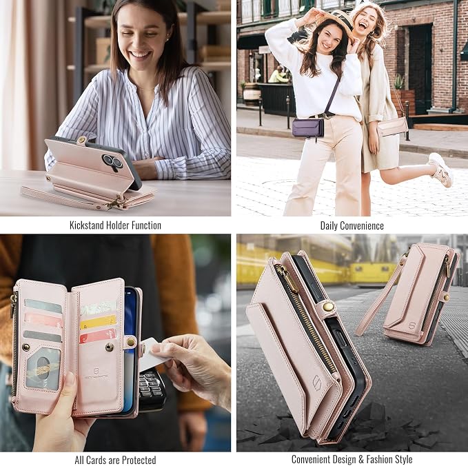 Strapurs Wallet Case Compatible with iPhone 17 6.3" RFID Blocking 9-Card Holder Soft PU Leather Magnetic Snap Shoulder Strap Zipper Pocket Phone Case Fit for iPhone 17 for Women - Rose Gold