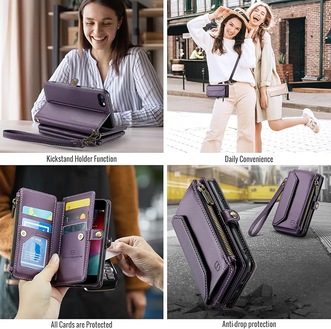 Strapurs Crossbody Wallet Case Compatible with iPhone SE/7/8 RFID Blocking 7-Card Holder Soft PU Leather Magnetic Snap Shoulder Strap Zipper Pocket Phone Cases Fit for iPhone SE 2020 2022 - Purple
