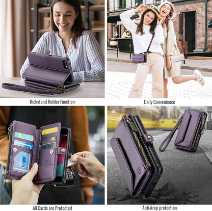 Strapurs Crossbody Wallet Case Compatible with iPhone SE/7/8 RFID Blocking 7-Card Holder Soft PU Leather Magnetic Snap Shoulder Strap Zipper Pocket Phone Cases Fit for iPhone SE 2020 2022 - Purple