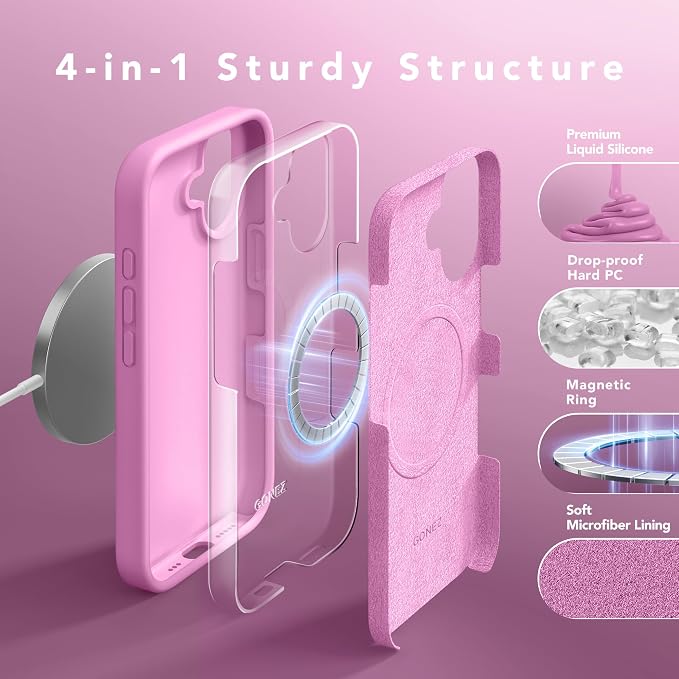 GONEZ Magnetic for iPhone 16 Case, Compatible with MagSafe, [Screen Protector + Camera Lens Protector], Liquid Silicone Shockproof Protective Phone Case for iPhone 16 6.1", Cherry Blossom