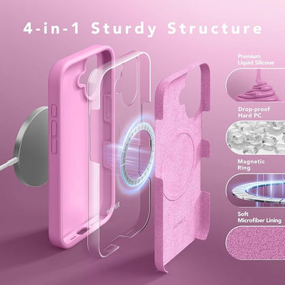 GONEZ Magnetic for iPhone 16 Case, Compatible with MagSafe, [Screen Protector + Camera Lens Protector], Liquid Silicone Shockproof Protective Phone Case for iPhone 16 6.1", Cherry Blossom