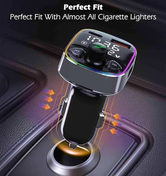 LIHAN Bluetooth 5.4 Bluetooth Car Adapter, FM Transmitter with QC3.0/Type-C 42W Fast Charging, Dual LED Display, HiFi Bass, Handsfree Calls/Audio Transmitter, TF/USB Music Player, 7-Color Backlit
