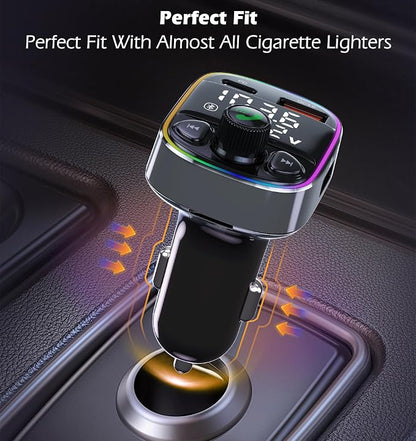 LIHAN Bluetooth 5.4 Bluetooth Car Adapter, FM Transmitter with QC3.0/Type-C 42W Fast Charging, Dual LED Display, HiFi Bass, Handsfree Calls/Audio Transmitter, TF/USB Music Player, 7-Color Backlit