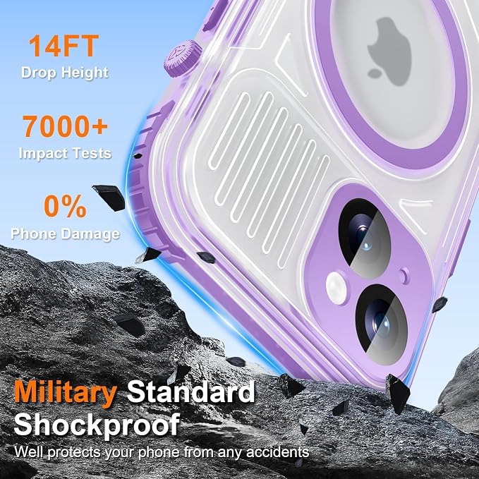WIFORT for iPhone 15 Waterproof Case, [IP68 Underwater Dustproof][Built-in Screen][15FT Military Shockproof], 360 Full Body Sealed Protection Cover Magnetic Frosted Phone Case, 6.1" Purple