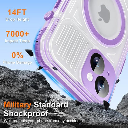 WIFORT for iPhone 15 Waterproof Case, [IP68 Underwater Dustproof][Built-in Screen][15FT Military Shockproof], 360 Full Body Sealed Protection Cover Magnetic Frosted Phone Case, 6.1" Purple