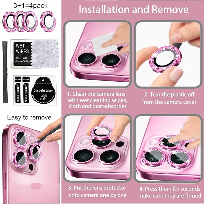 Compatible for iPhone 17/17 Pro/iPhone 17 Pro Max Camera Lens Protector Bling, Cute Sparkle Glitter Camera Cover for Women, Individual Ring, Anti-Scratch (3 Protectors + 1 Extra), Pink