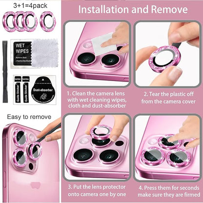 Compatible for iPhone 17/17 Pro/iPhone 17 Pro Max Camera Lens Protector Bling, Cute Sparkle Glitter Camera Cover for Women, Individual Ring, Anti-Scratch (3 Protectors + 1 Extra), Pink