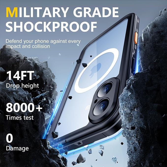 Red2Fire for iPhone 17 Case Waterproof, [Built-in Screen Protector & Camera Protector][Compatible with MagSafe][Full Body Shockproof][IP68 Waterproof][Dustproof] Phone Case 6.3" Black/Clear