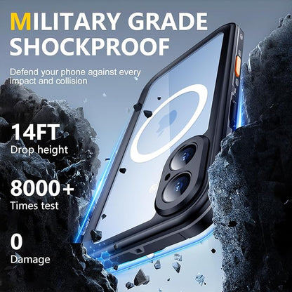 Red2Fire for iPhone 17 Case Waterproof, [Built-in Screen Protector & Camera Protector][Compatible with MagSafe][Full Body Shockproof][IP68 Waterproof][Dustproof] Phone Case 6.3" Black/Clear