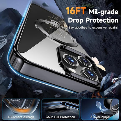 [Tri-Shield Protection] for iPhone 13 Pro Max Case with 360° Spin Stand Compatible with MagSafe [Magnetic CD Ring][Screen & Camera Lens Protector] Shockproof Plating Never-Yellowing, Black-6.7"