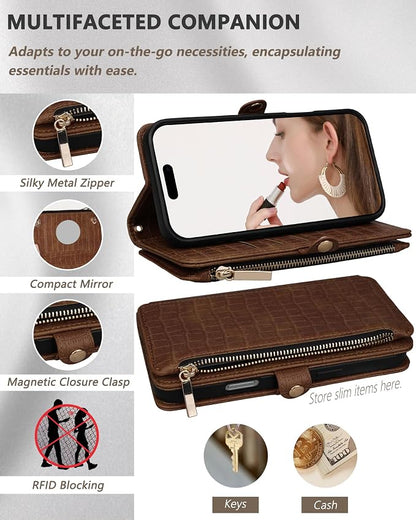 Crossbody Wallet Case for iPhone 16 Pro with Mirror, Wrist Strap, Zipper Purse Magnetic Flip RFID Blocking Card Holder, Wireless Charging, PU Leather Shockproof 6.3" Women (Brown)