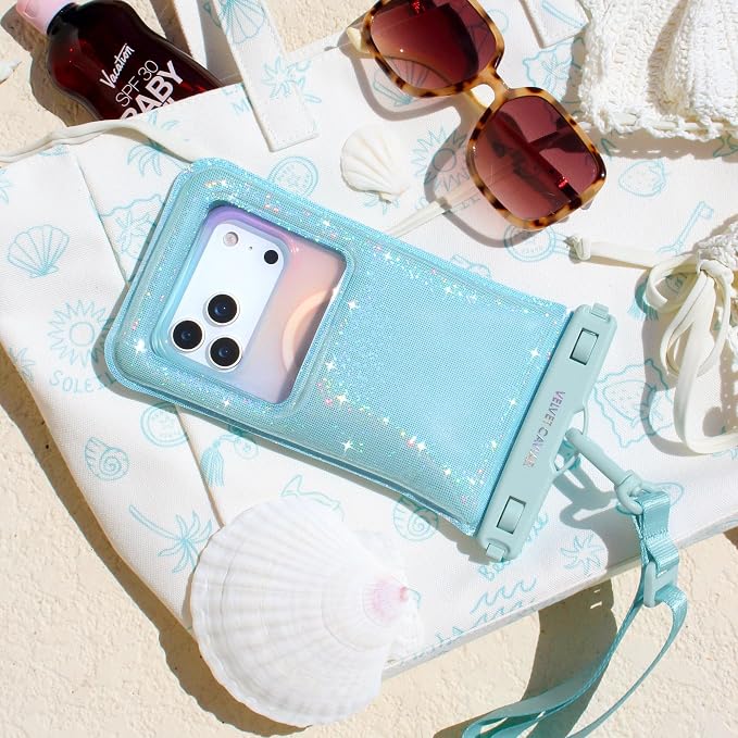 VELVET CAVIAR Waterproof Phone Pouch with Lanyard | IP68 Floating Case for iPhone & All Phones | Dry Bag for Snorkeling, Beach, Kayaking | Travel & Cruise Essentials for Women (Blue Mermaid Glitter)