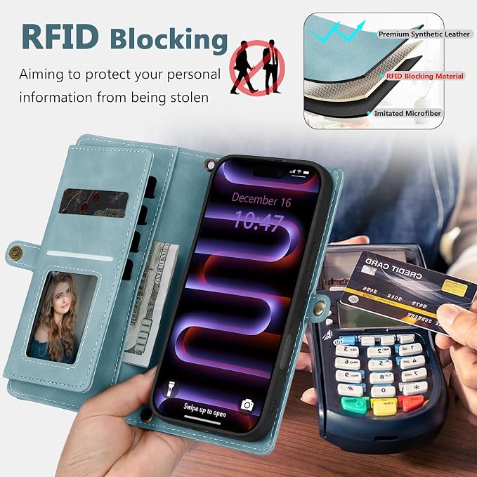 Wallet Case for iPhone 16 Pro Max with Card Holder/Crossbody Wallet/Strap| RFID Blocking | Magnetic | Kickstand | Detachable | PU Leather Phone Case for iPhone 16 Pro Max,6.9 in,Blue
