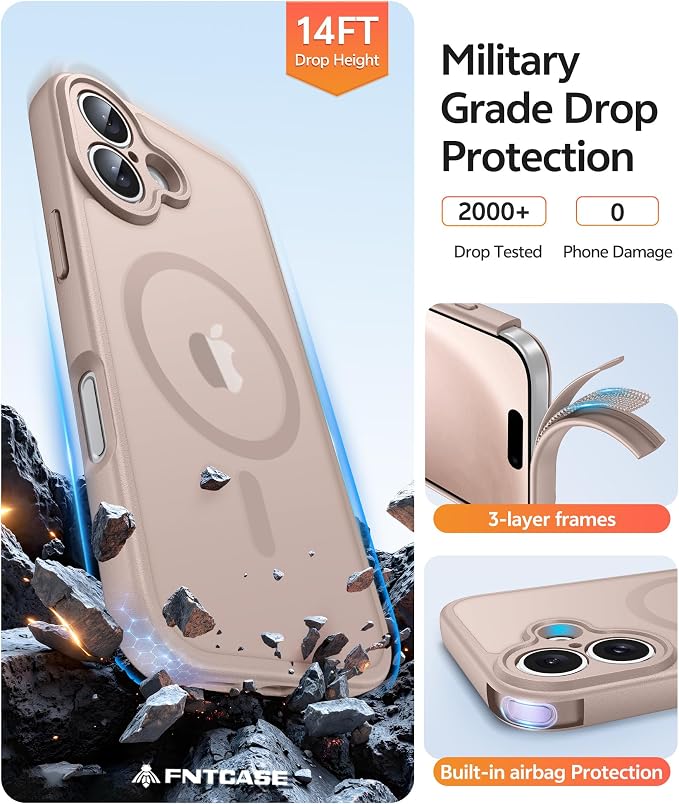 FNTCASE for iPhone 16 Case, Fit for Magsafe, Screen Protector, Desert Gold | Full Camera Protection, Translucent Matte, 14FT Military Grade Drop Proof, Shockproof Protective Phone Cover
