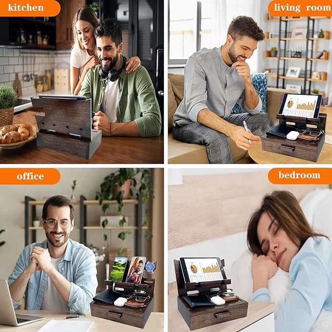Gifts for Men Women Husband Son Boyfriend Him Nightstand Organizer Wood Phone Docking Station Birthday Gifts (Walnut) | Gifts for Men Women, Birthday Gifts