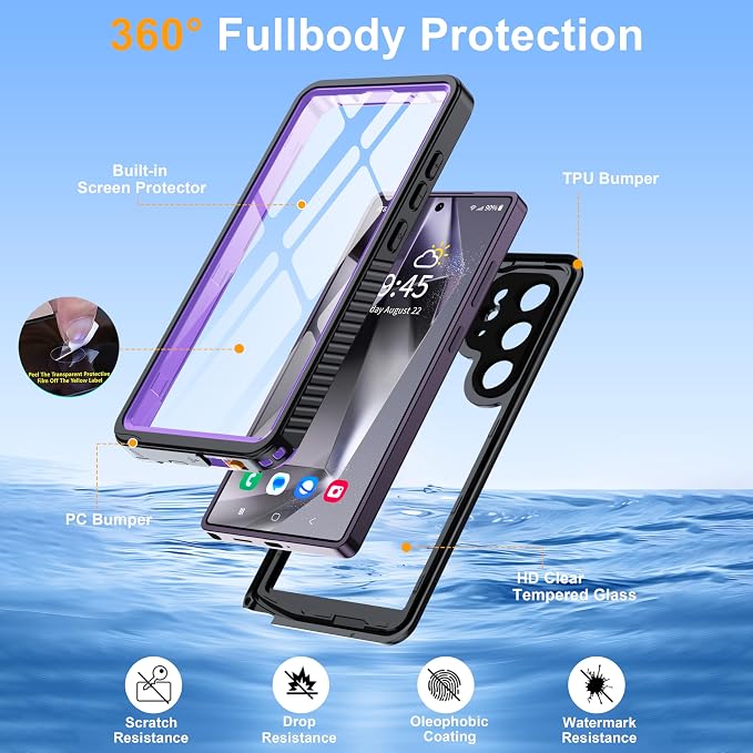 GOLDJU for Samsung Galaxy S25 Ultra Case Waterproof,IP68 Waterproof Dustproof Case with Built-in Screen Protector, Full Body Protective Phone Cover for Galaxy S25 Ultra 6.9 Inch,Purple/Clear
