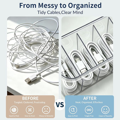 TexHome 2 Pcs Charger Cable Organizer Box with Lid Plastic Cord Storage Box with Wire Ties, Electronics Cord Organizer for Home Drawer Office Desk Accessories Storage