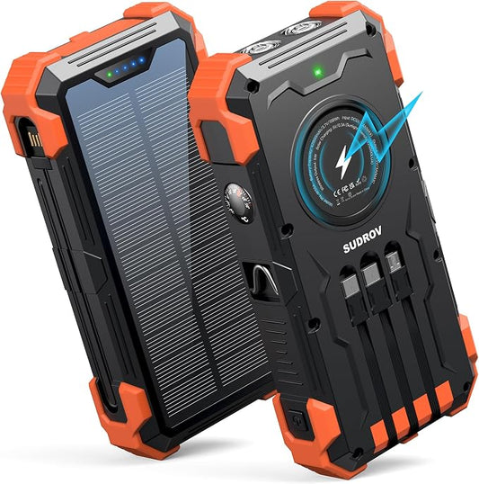 Solar Charger Power Bank, 42800mAh Wireless Portable Charger with USB-C in/Output, QC3.0 Fast Charging 15W 4 Ports Outdoor Battery Pack Built-in LED Flashlight, for iPhone, Galaxy, iPad etc