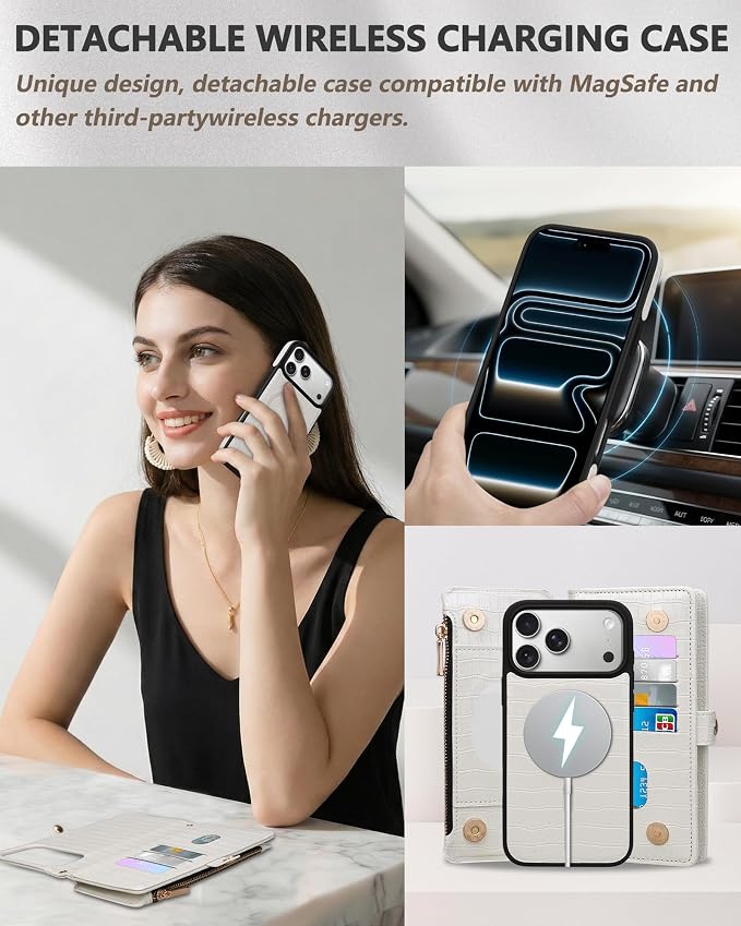Crossbody Wallet Case for iPhone 17 Pro Max with Mirror, Wrist Strap, Detachable Zipper Purse, Magnetic Flip RFID Blocking Card Holder, Wireless Charging Case 6.9" Women (Textured White)