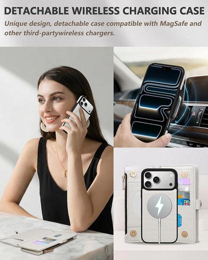 Crossbody Wallet Case for iPhone 17 Pro Max with Mirror, Wrist Strap, Detachable Zipper Purse, Magnetic Flip RFID Blocking Card Holder, Wireless Charging Case 6.9" Women (Textured White)