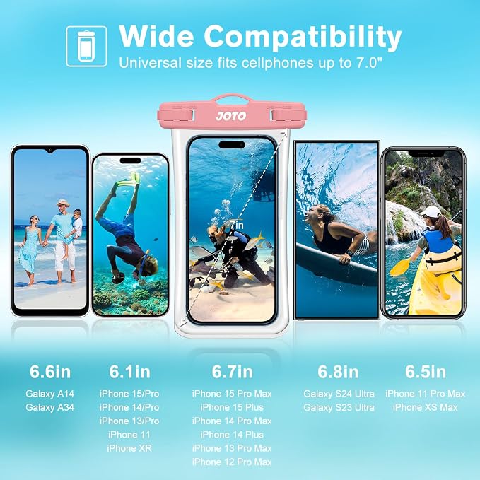 JOTO 2 Pack Waterproof Phone Pouch Case Up to 7", IPX8 Underwater Phone Case Cellphone Dry Bag for iPhone 17/Air 16 15 14 13 12 Pro Max Xs Max XR X 8 7 6S Plus SE/Galaxy S24 S23 S22 S21 -Blackpink