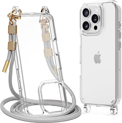 for iPhone 16 Pro Max Case with Strap, Clear Shockproof Crossbody Phone Cover w/Removable Anti-Theft Adjustable Lanyard for Women, Travel, Shopping, Hiking (6.9", Grey)
