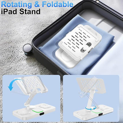 6 in 1 Wireless Charger for Apple Multiple Devices, Charging Station with Clock &7 Color Ambient Light, Foldable Rotate Stand for iPad, for iPhone17/16/15, Support for Apple Watch11/10 For AirPods4
