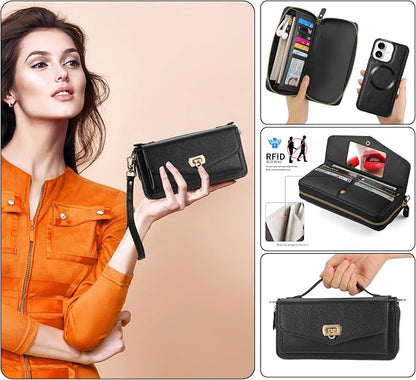 Crossbody Wallet Case for iPhone 16 6.1", Magnetic Detachable PU Leather Phone Case with RFID Blocking Card Holder Wristlet Mirror Flip Zipper Shoulder Purse Clutch for Women - Black B