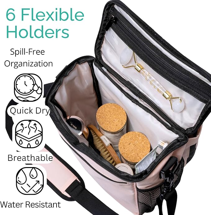 TERRA HOME XL Portable Shower Caddy Bag for Girls with Extra Storage, Durable Mesh Bottom, Shoulder Strap, Keychain Holder Shower Caddy Case for College Dorms - Travel Vacation Essentials (Blush Pink)