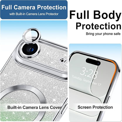 Hython for iPhone Air Case Glitter Clear Magnetic Phone Cases [Compatible with MagSafe] Full Camera Lens Protector Sparkle Luxury Plating Slim Shockproof Protective Cover Women, Gradient Silver