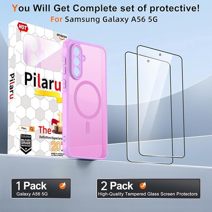 Compatible for Samsung Galaxy A56 5G Phone Case: A56 Case [Mag-Safe Fit] with 2PC Tempered Glass Screen Protector,Matte Translucent Soft-Touch Skin/Full Body Protection for Cell Phone A 56 Cover,Pink