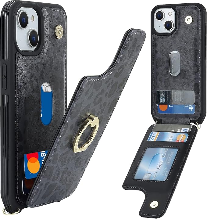 Lipvina for iPhone 13 Case with Card Holder for Women,Phone Case with Strap,Crossbody Lanyard,RFID Blocking,Ring Stand,Snap Clasp,Cute Wallet Cases for iPhone 13(6.1 inch,Black Leopard)