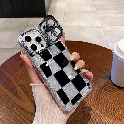 for iPhone 16 pro max Case Glitter Camera Lens Protector Phone Case for Women Girls Aesthetic Design TPU Shockproof Protective Case (Checkered)
