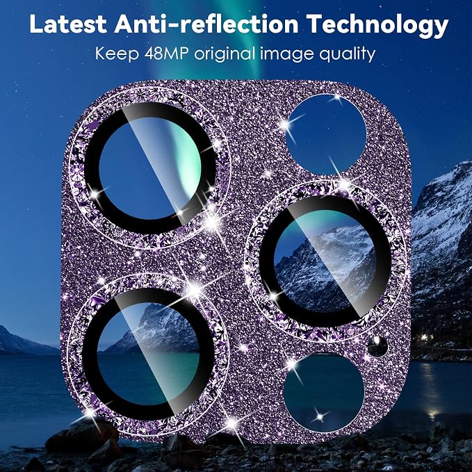 CloudValley for iPhone 14 Pro/iPhone 14 Pro Max Glitter Camera Lens Protector, 9H Tempered Glass [All in 1 Design], Case Friendly Anti-Scatch High Definition, GlitterPurple