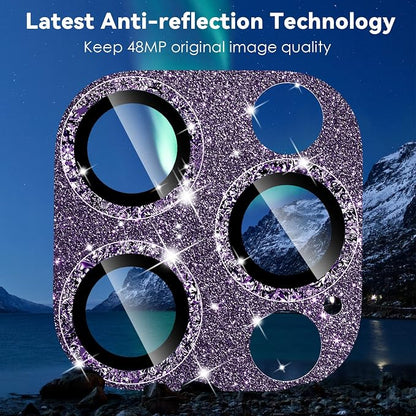 CloudValley for iPhone 14 Pro/iPhone 14 Pro Max Glitter Camera Lens Protector, 9H Tempered Glass [All in 1 Design], Case Friendly Anti-Scatch High Definition, GlitterPurple